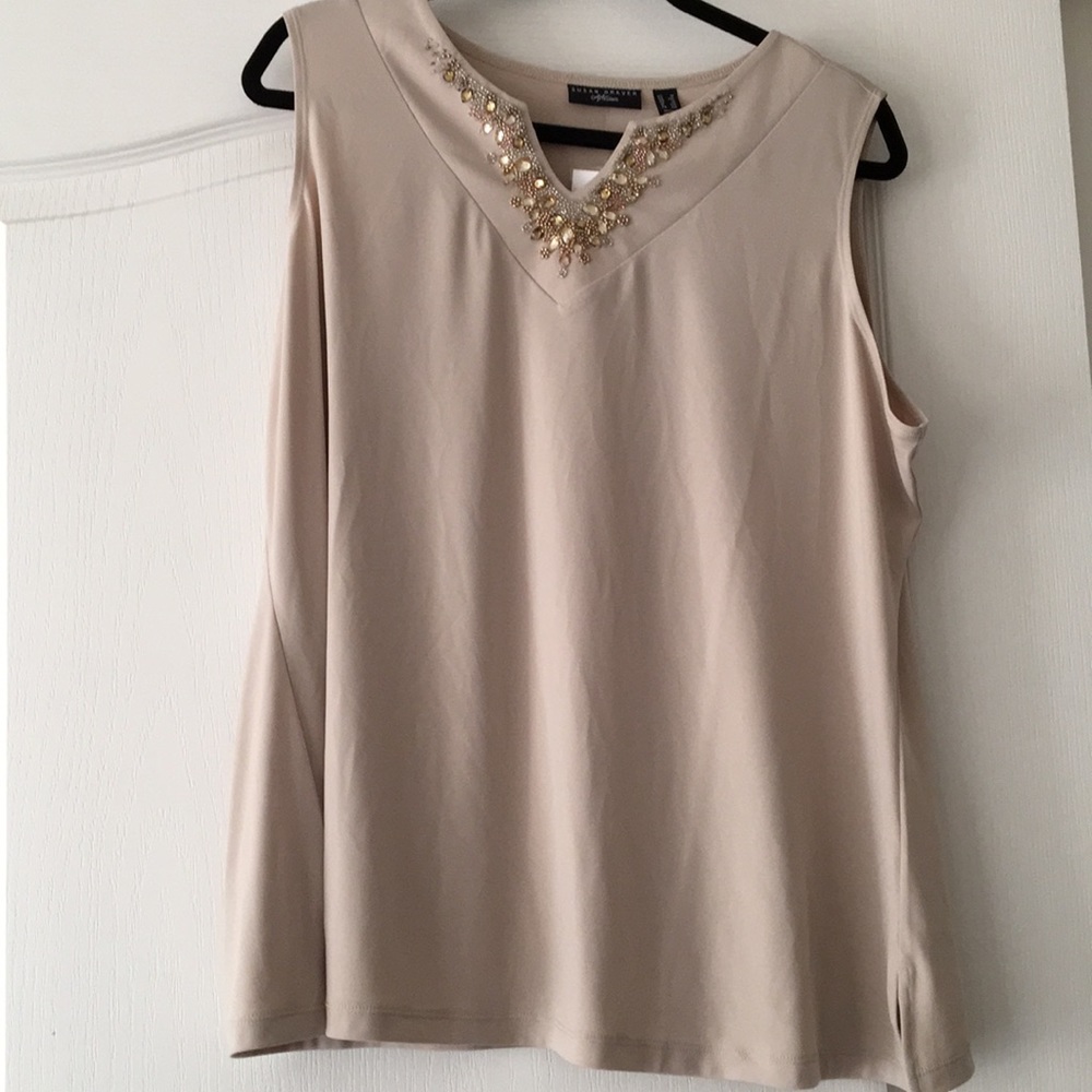 Taupe sleeveless tank with beading & jacket